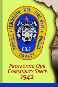 Remington Volunteer Fire Department patch: a shield with a firefighter helmet, reading Fauquier County, Virginia, Company 2, Protecting Our Community Since 1942.